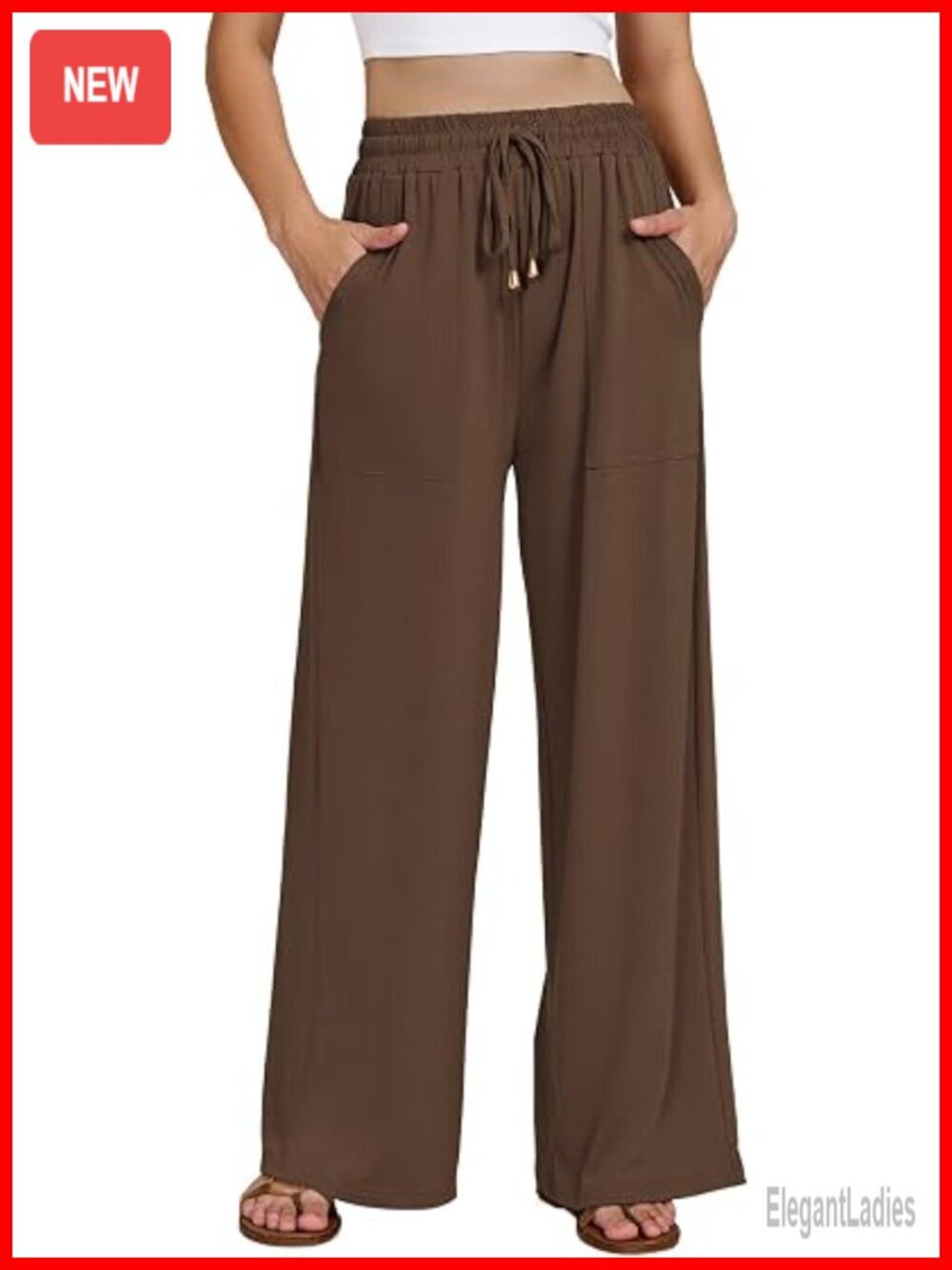 Wide Leg Pants Elastic Waisted Casual Palazzo Trousers with Pockets Travel Beach